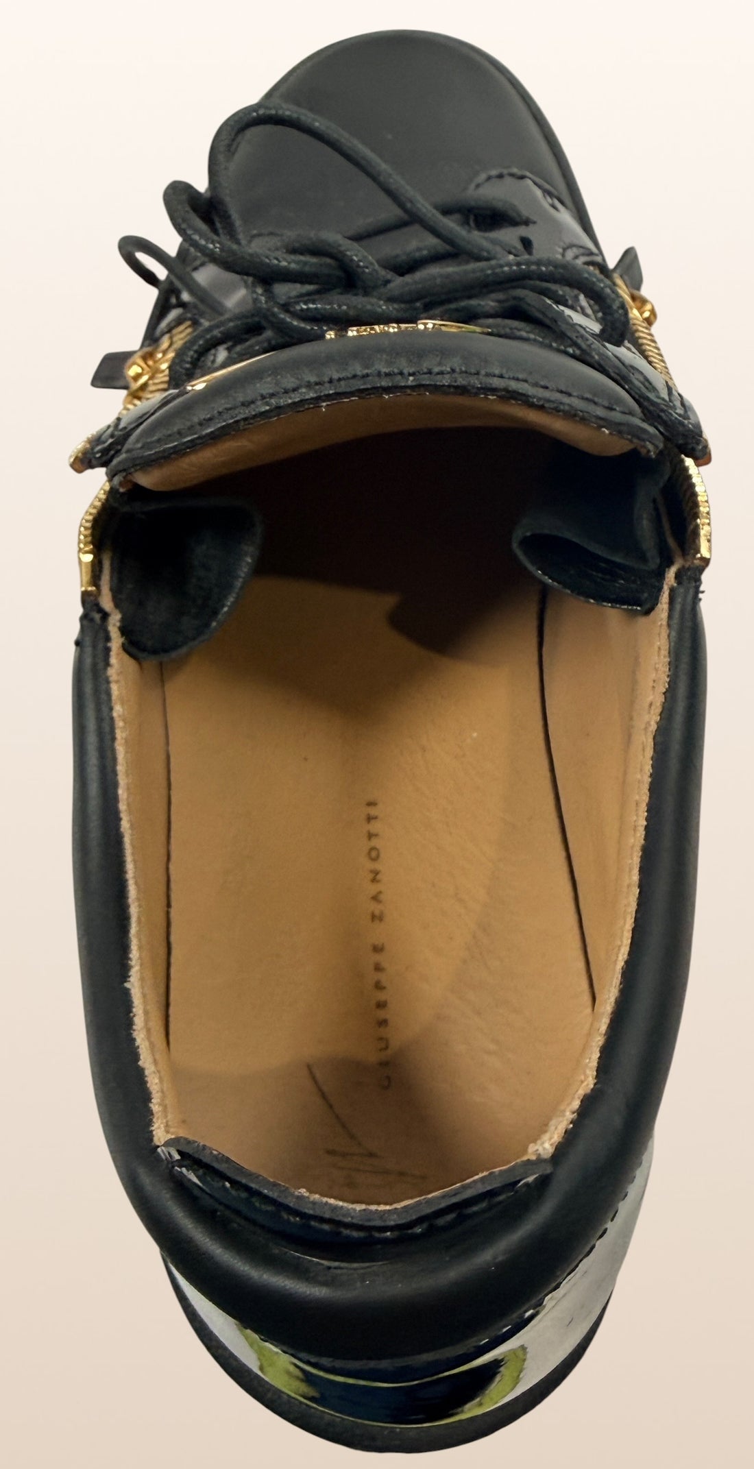 Authentic Giuseppe Zanotti black leather platform sneakers made in Italy featuring gold signature hardware, dual side zippers, leather lining, and rubber platform soles in EU 43.