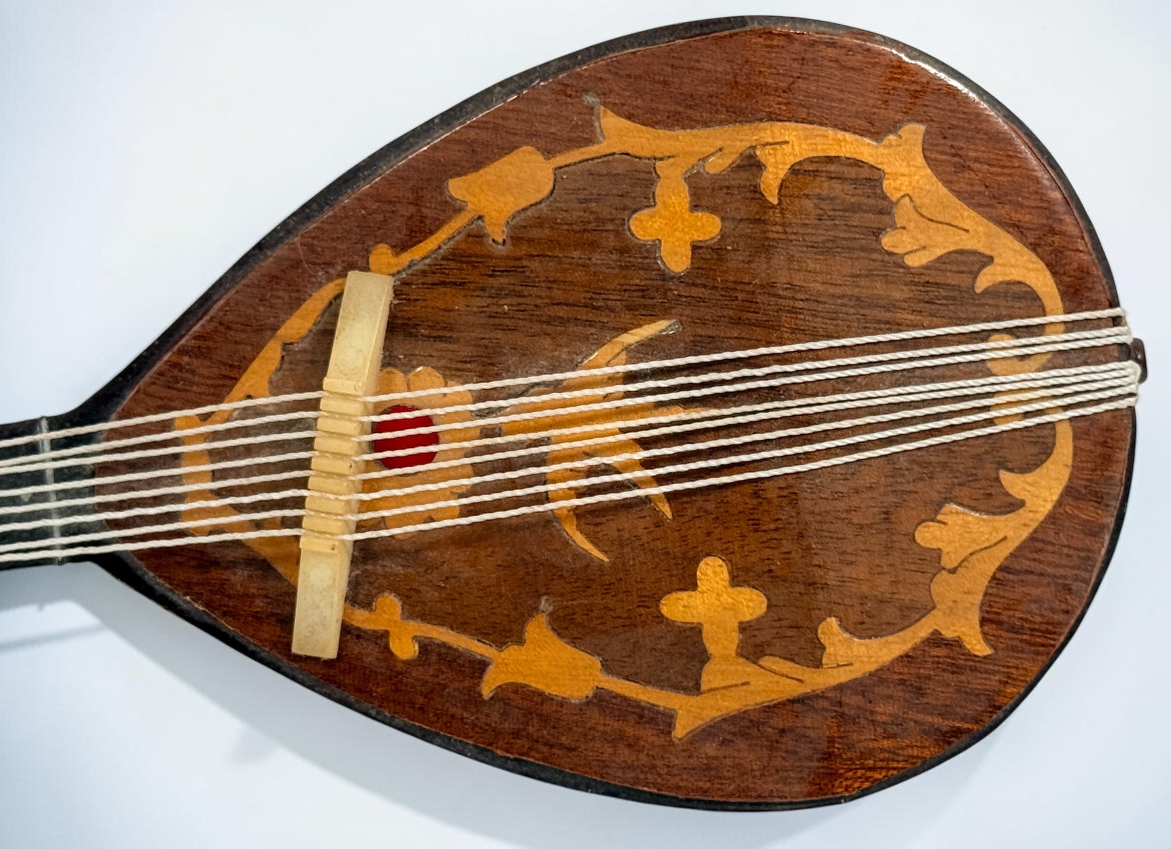Vintage 1950s TR Made in Italy mandolin-shaped music box from the Isle of Capri featuring beautiful marquetry wood inlay and a classic wind-up musical mechanism.