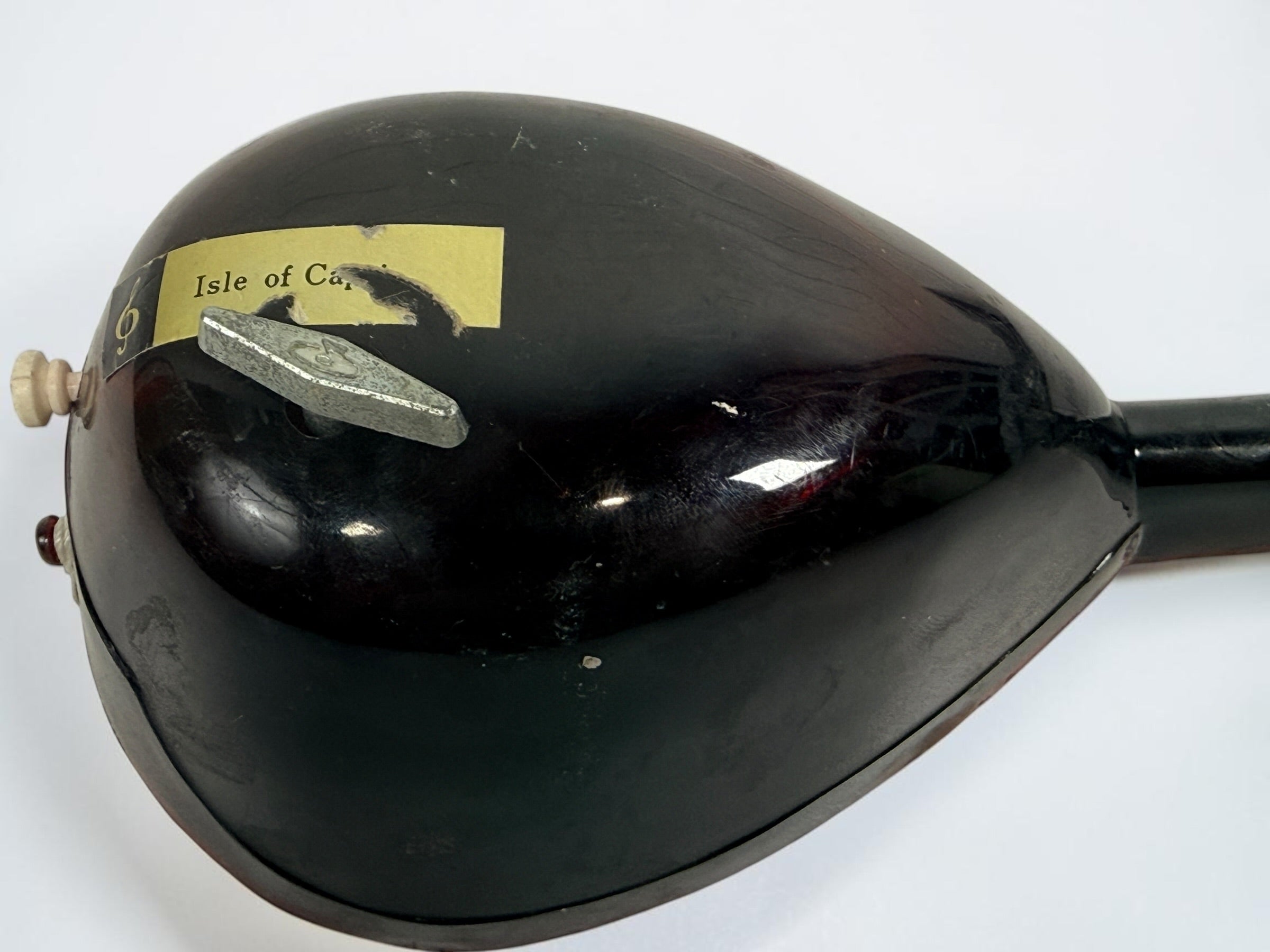 Vintage 1950s TR Made in Italy mandolin-shaped music box from the Isle of Capri featuring beautiful marquetry wood inlay and a classic wind-up musical mechanism.