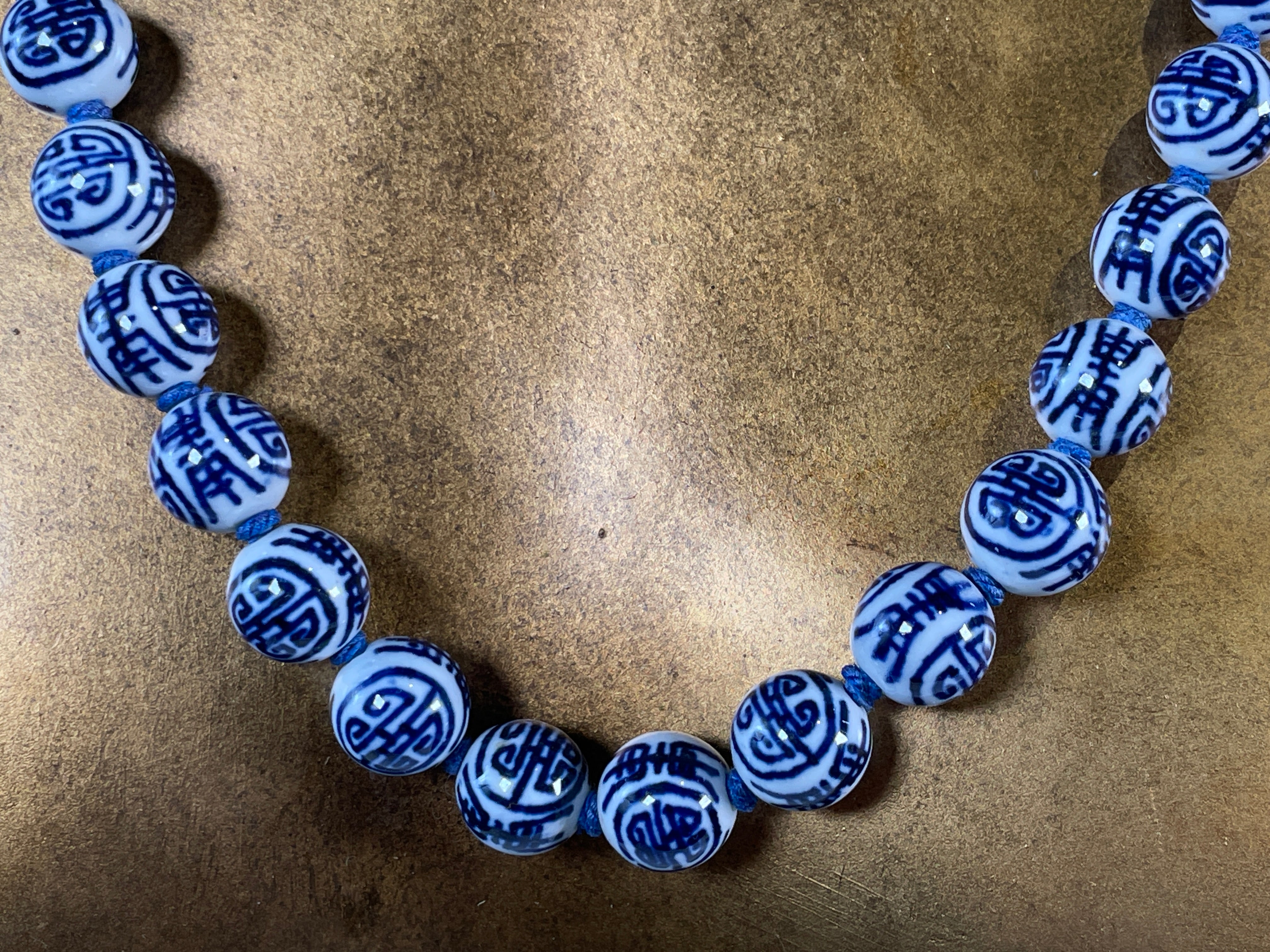 Vintage Shou Symbol Porcelain Necklace – Blue & White Beads