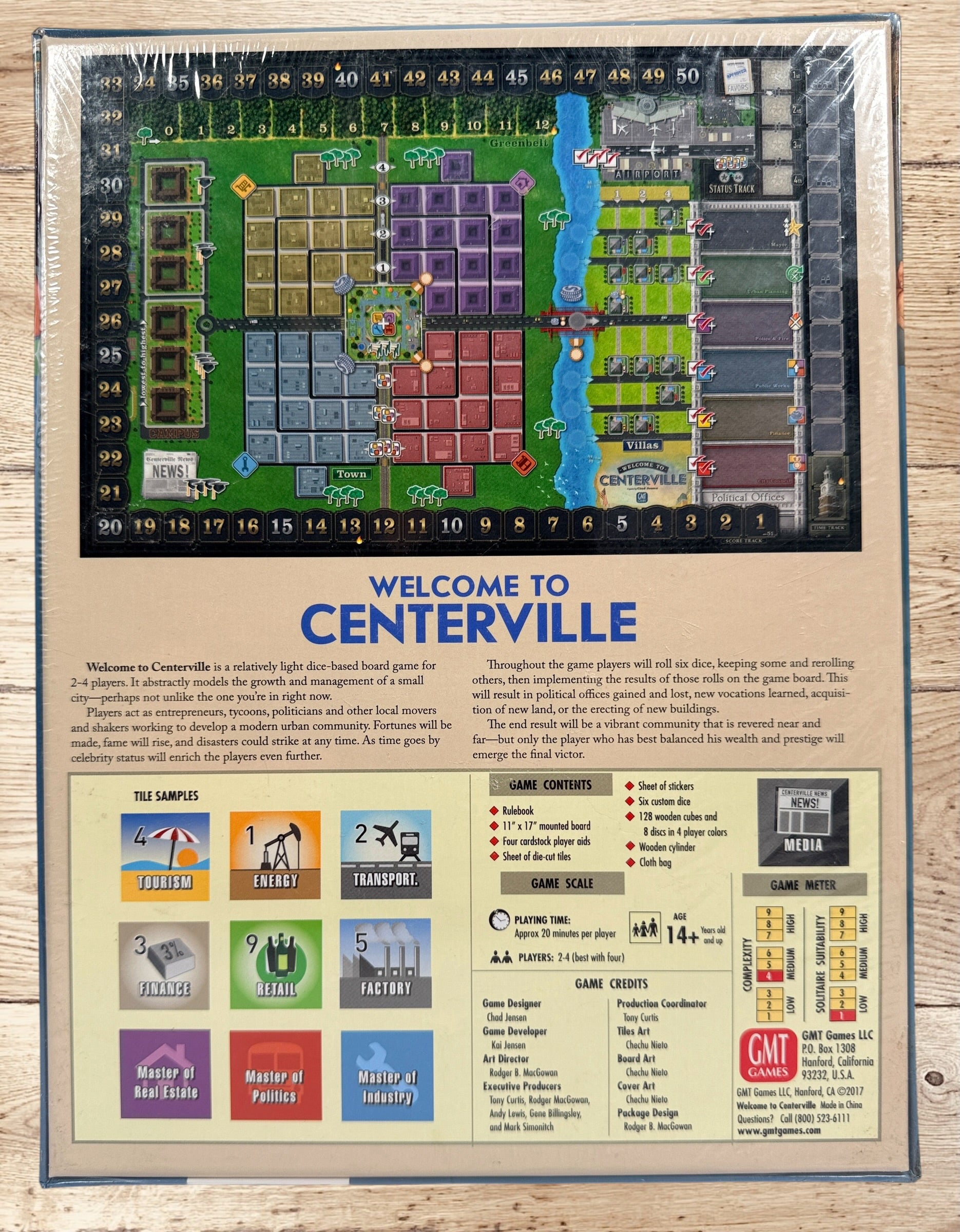 Factory sealed Welcome to Centerville board game by GMT Games. 2017 strategy city-building game for 2–4 players designed by Chad Jensen. New old stock collectible.