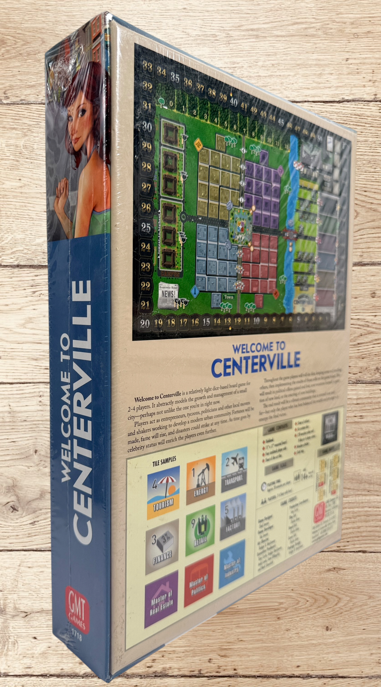 Factory sealed Welcome to Centerville board game by GMT Games. 2017 strategy city-building game for 2–4 players designed by Chad Jensen. New old stock collectible.