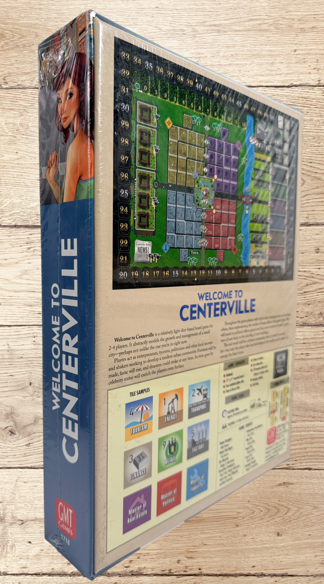 Factory sealed Welcome to Centerville board game by GMT Games. 2017 strategy city-building game for 2–4 players designed by Chad Jensen. New old stock collectible.