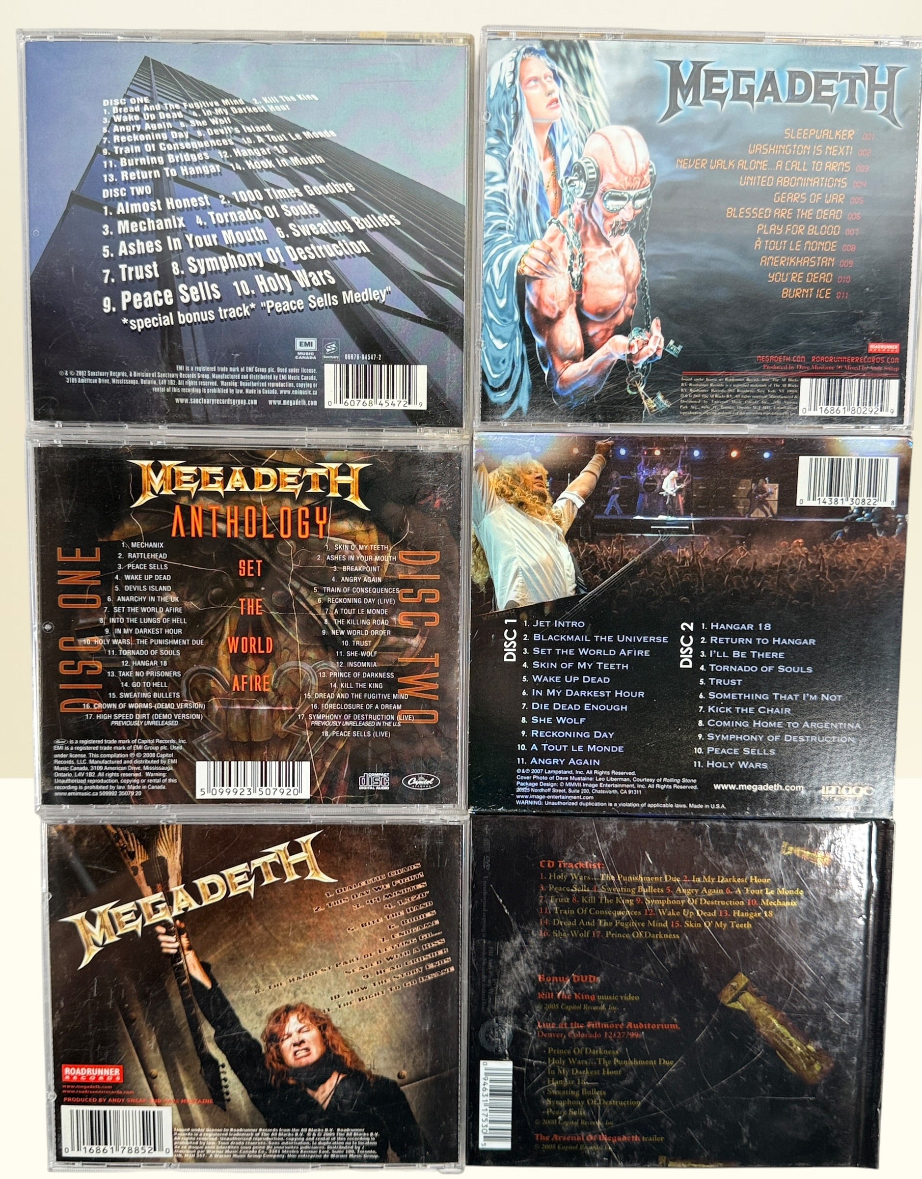 Lot of 6 original Megadeth CDs featuring Endgame, United Abominations, Anthology, Rude Awakening, Greatest Hits and That One Night Live. Complete with original artwork.