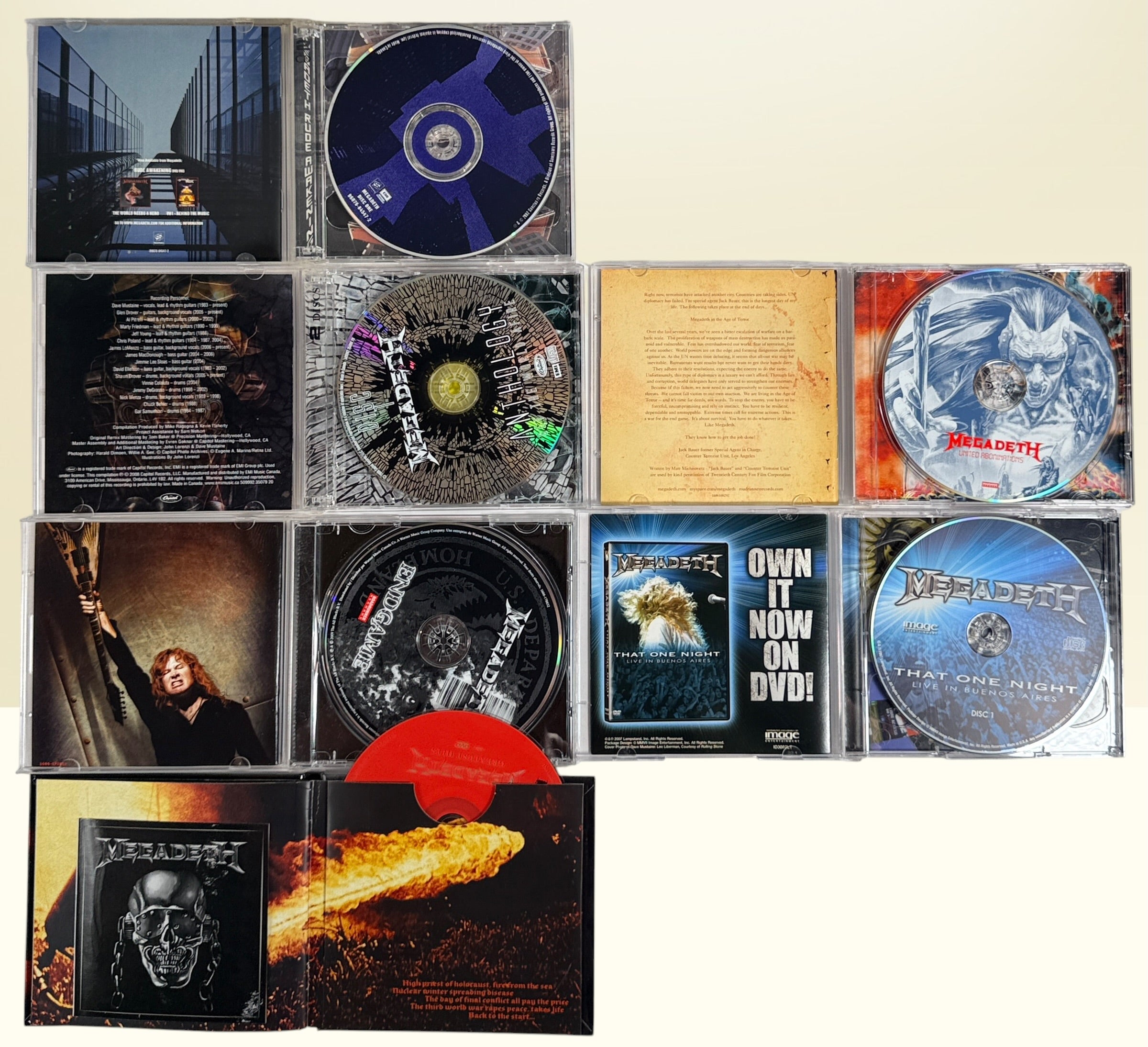 Lot of 6 original Megadeth CDs featuring Endgame, United Abominations, Anthology, Rude Awakening, Greatest Hits and That One Night Live. Complete with original artwork.
