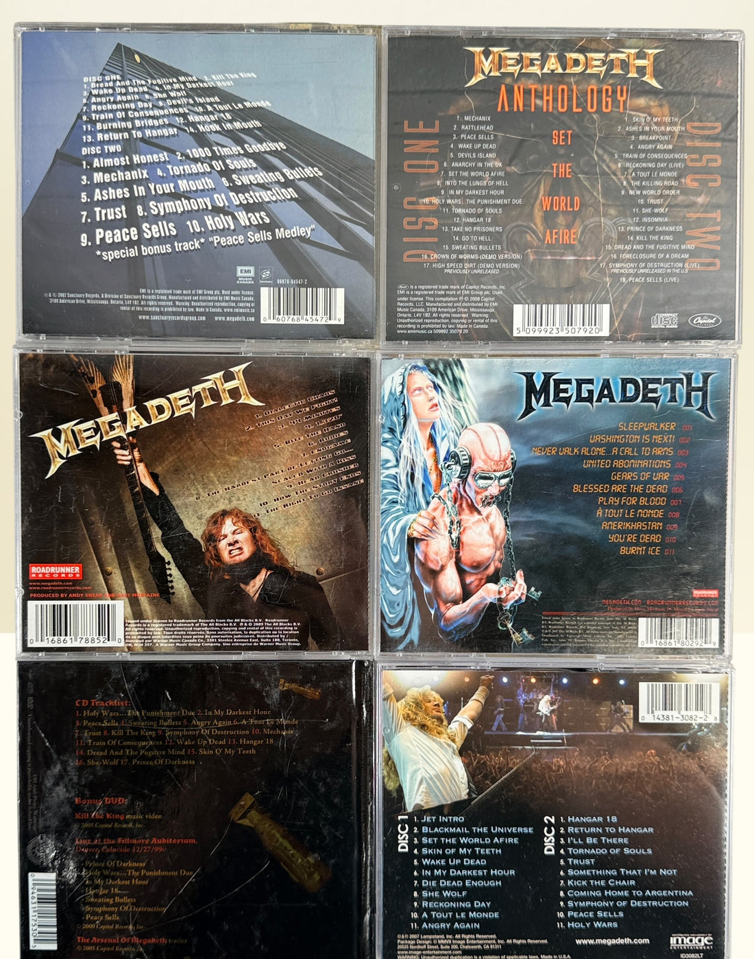 Lot of 6 original Megadeth CDs featuring Endgame, United Abominations, Anthology, Rude Awakening, Greatest Hits and That One Night Live. Complete with original artwork.