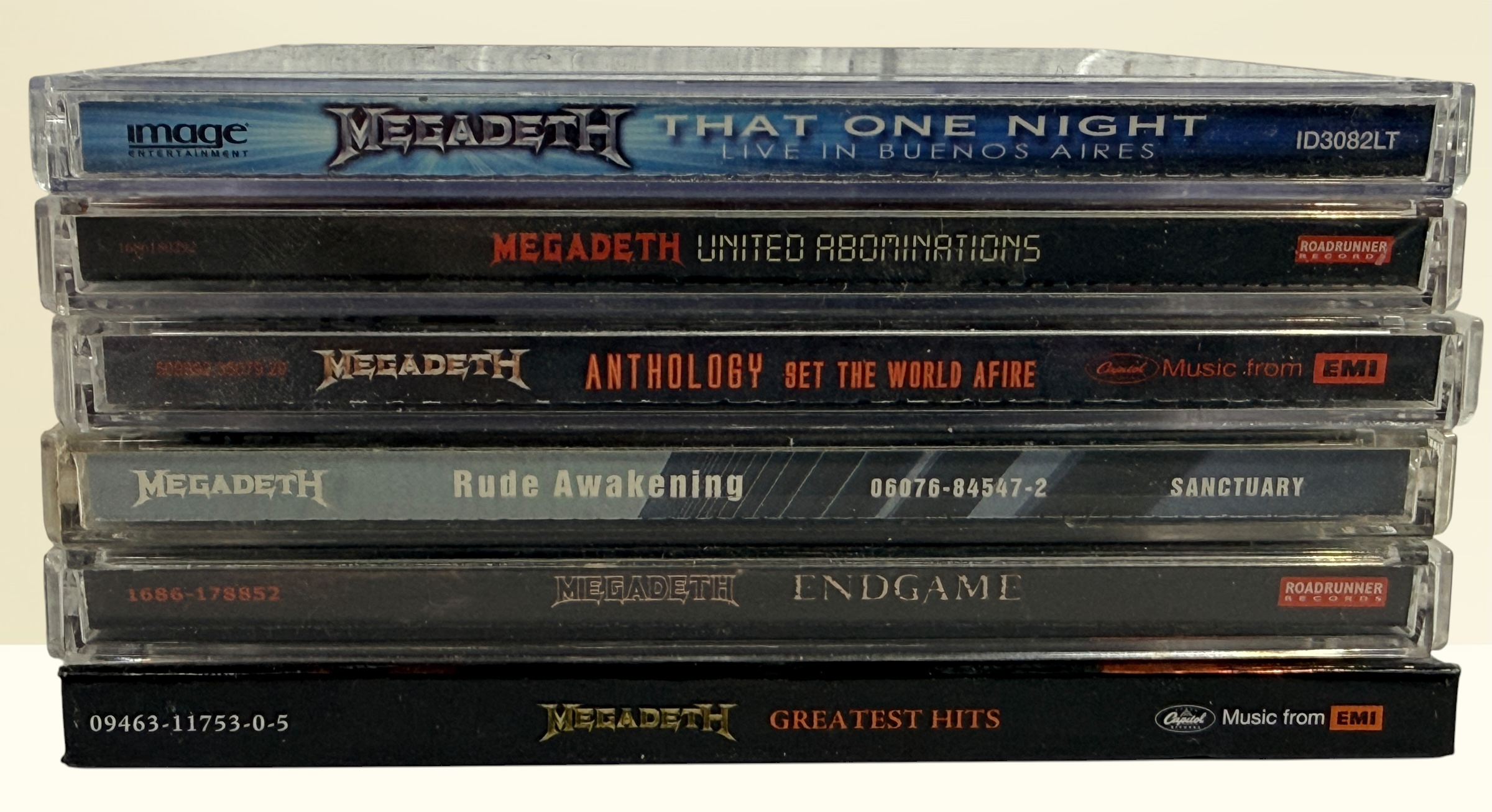 Lot of 6 original Megadeth CDs featuring Endgame, United Abominations, Anthology, Rude Awakening, Greatest Hits and That One Night Live. Complete with original artwork.