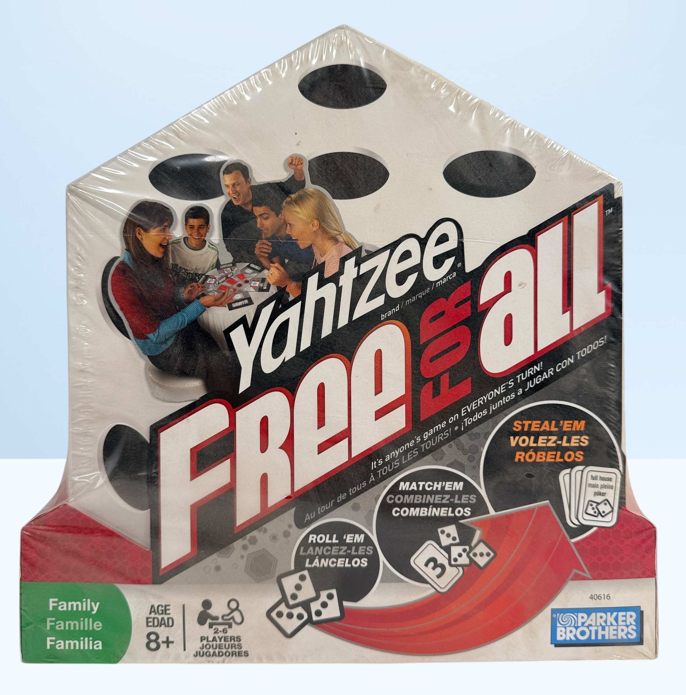 Factory-sealed 2008 Parker Brothers Yahtzee Free For All board game. Out-of-print family dice game for 2–6 players in excellent unopened collectible condition.