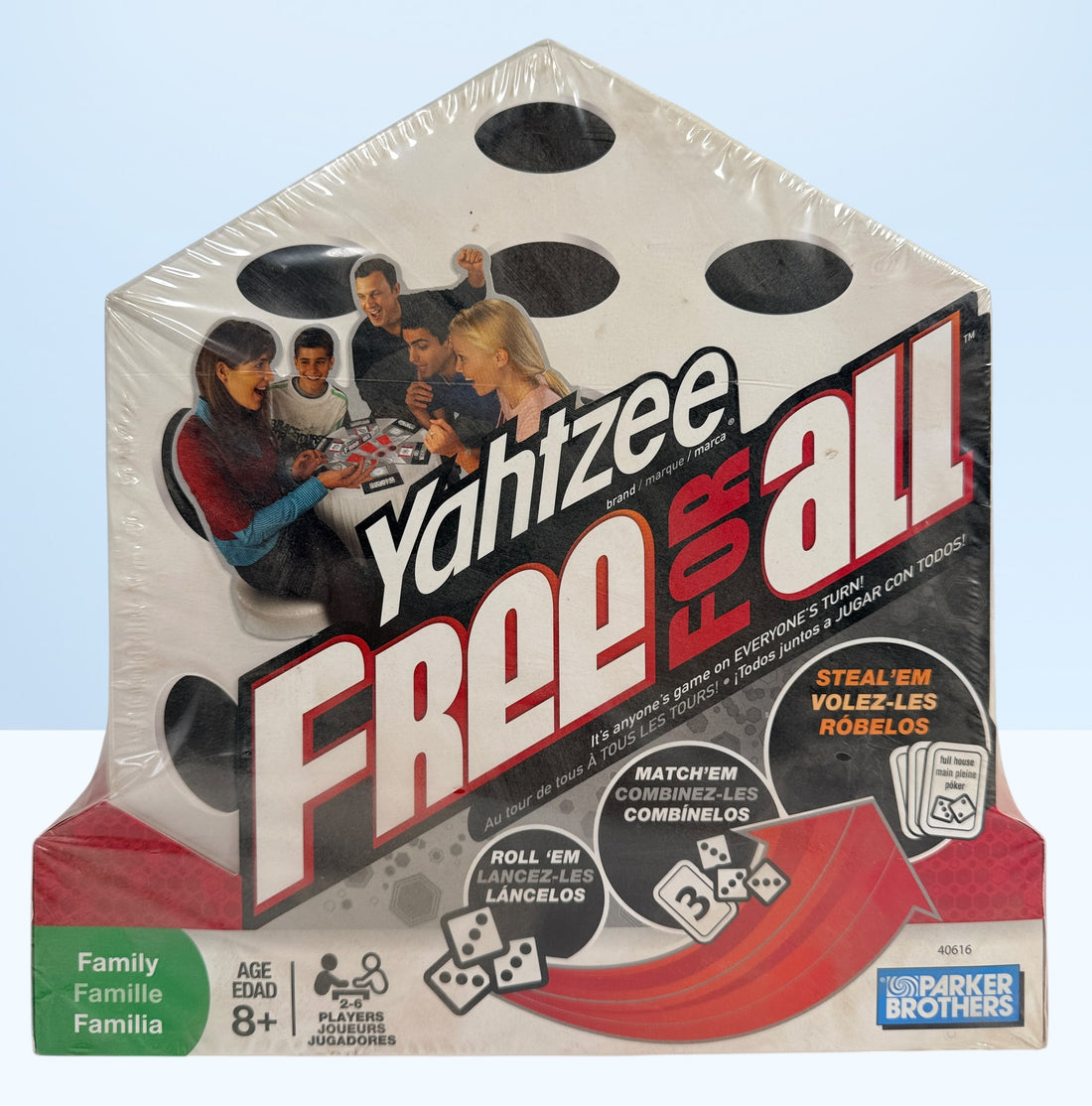 Factory-sealed 2008 Parker Brothers Yahtzee Free For All board game. Out-of-print family dice game for 2–6 players in excellent unopened collectible condition.