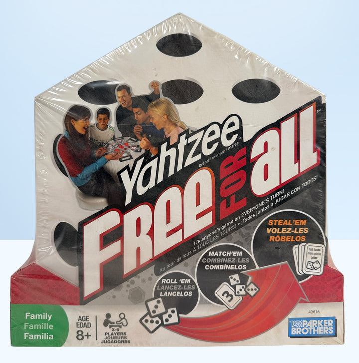 Factory-sealed 2008 Parker Brothers Yahtzee Free For All board game. Out-of-print family dice game for 2–6 players in excellent unopened collectible condition.