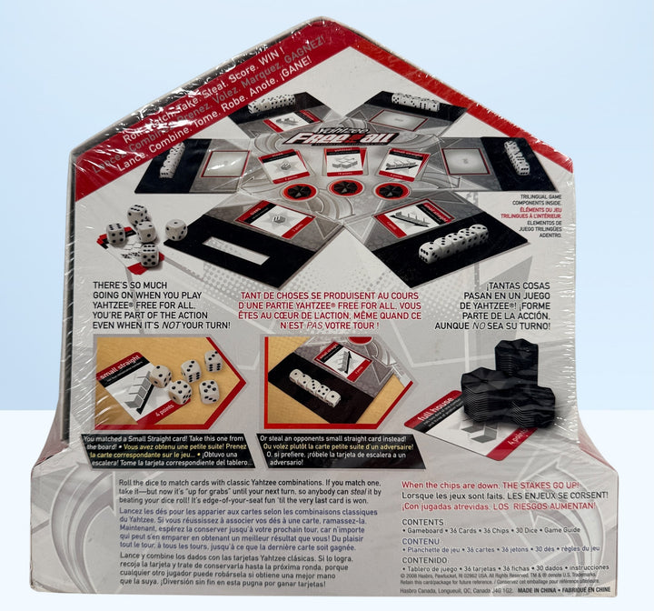 Factory-sealed 2008 Parker Brothers Yahtzee Free For All board game. Out-of-print family dice game for 2–6 players in excellent unopened collectible condition.