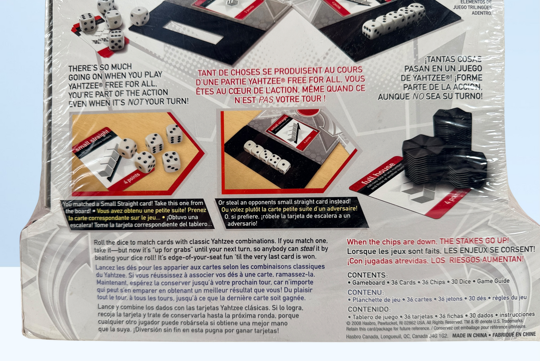 Factory-sealed 2008 Parker Brothers Yahtzee Free For All board game. Out-of-print family dice game for 2–6 players in excellent unopened collectible condition.
