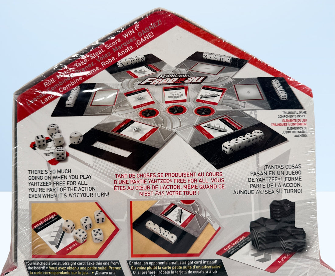 Factory-sealed 2008 Parker Brothers Yahtzee Free For All board game. Out-of-print family dice game for 2–6 players in excellent unopened collectible condition.