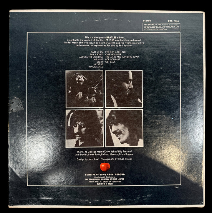 Rare Indian pressing of The Beatles Let It Be on Apple Records PCS 7096. Original EMI India vinyl LP with Apple labels, collectible Beatles album in VG+ condition.