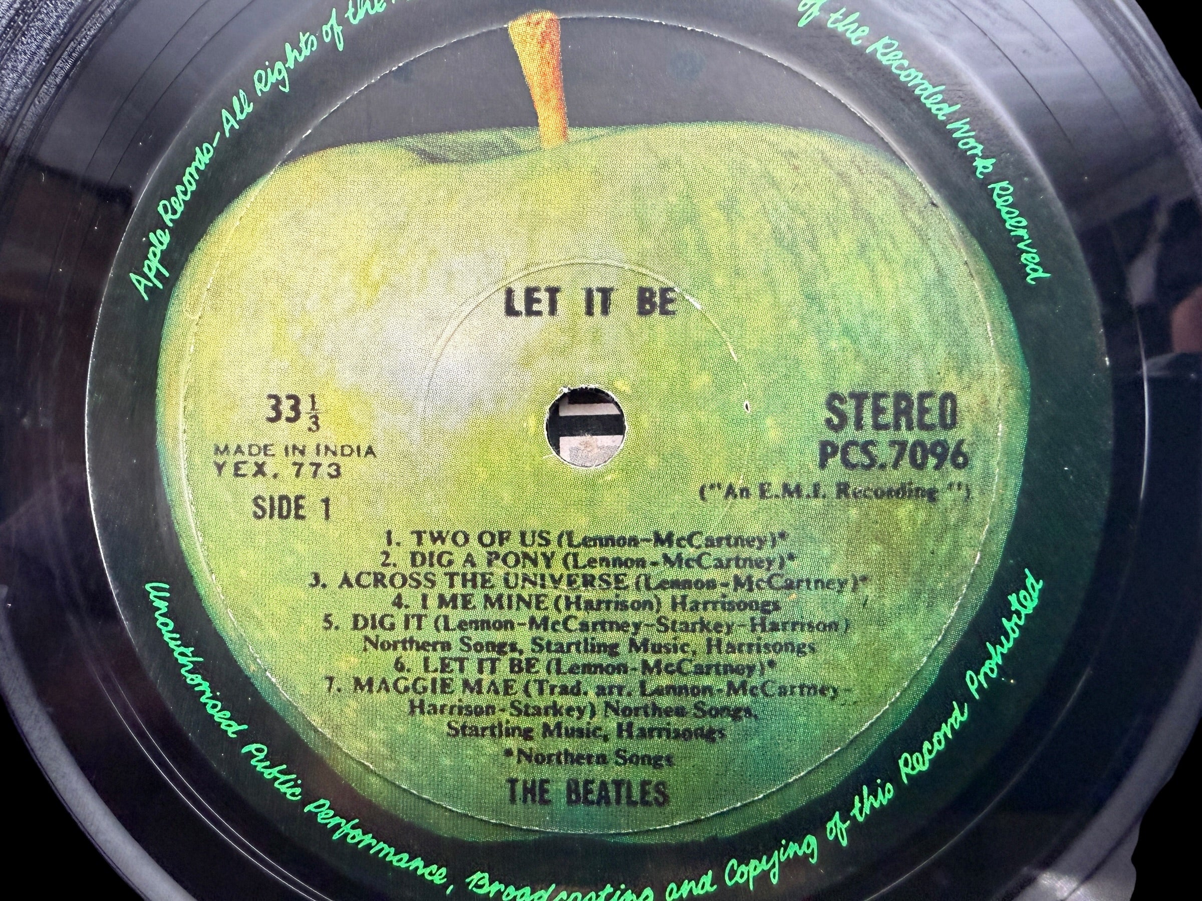 Rare Indian pressing of The Beatles Let It Be on Apple Records PCS 7096. Original EMI India vinyl LP with Apple labels, collectible Beatles album in VG+ condition.