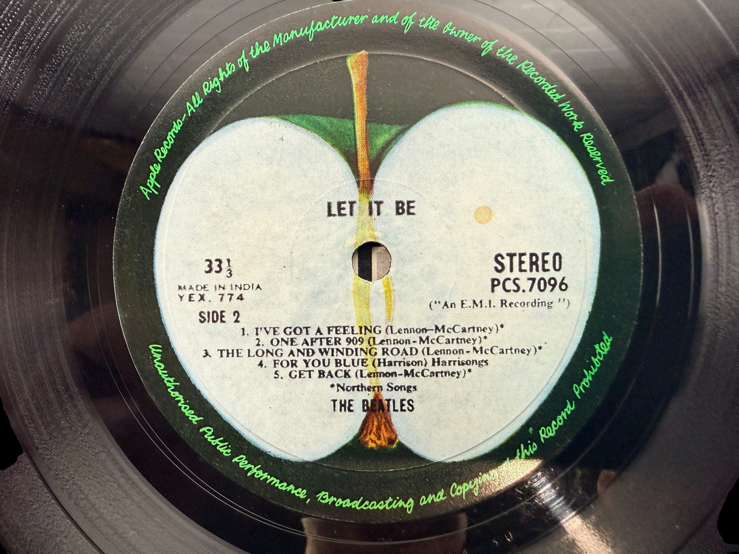 Rare Indian pressing of The Beatles Let It Be on Apple Records PCS 7096. Original EMI India vinyl LP with Apple labels, collectible Beatles album in VG+ condition.