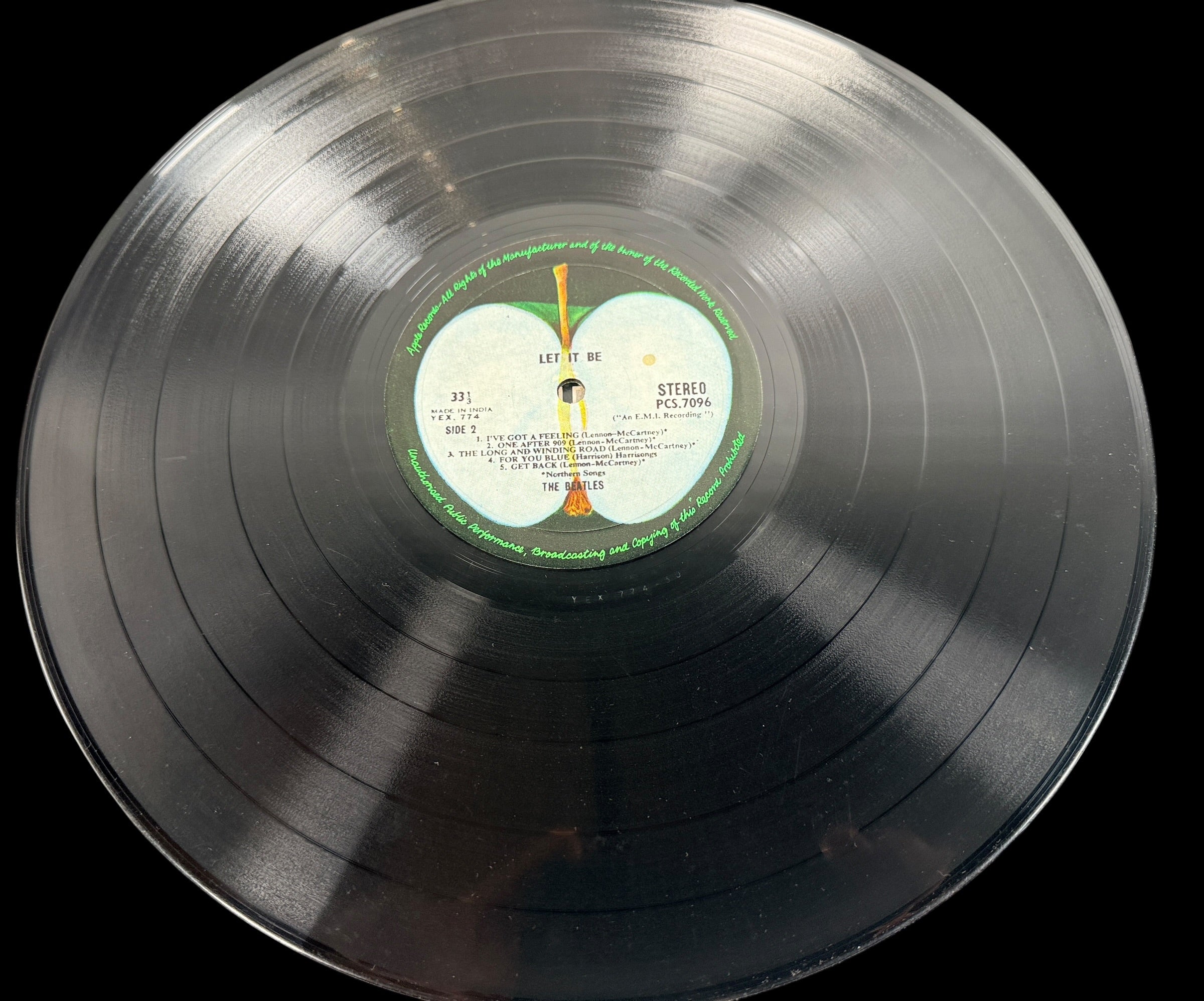 Rare Indian pressing of The Beatles Let It Be on Apple Records PCS 7096. Original EMI India vinyl LP with Apple labels, collectible Beatles album in VG+ condition.