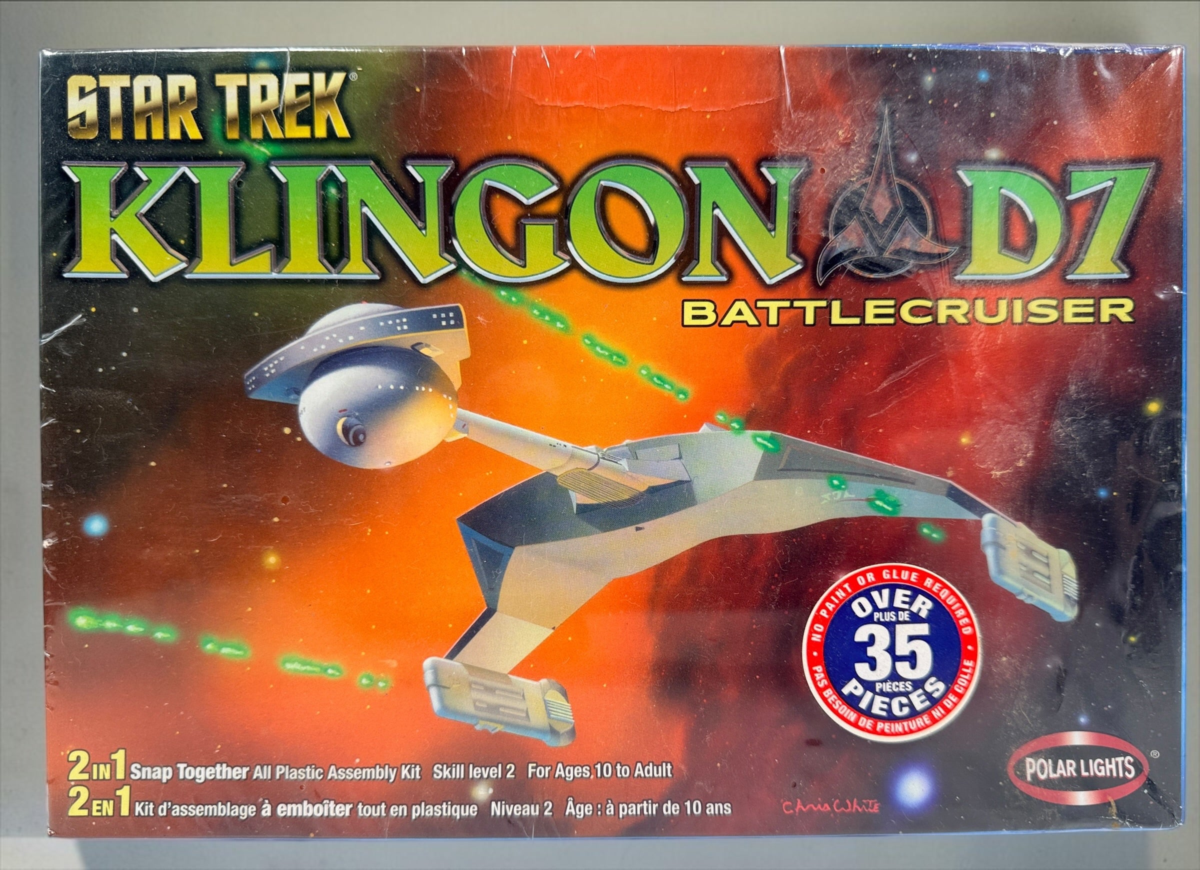 Factory sealed Polar Lights Star Trek Klingon D7 Battlecruiser model kit #4202. 1:1000 scale snap-together collectible with decals and over 35 pieces.