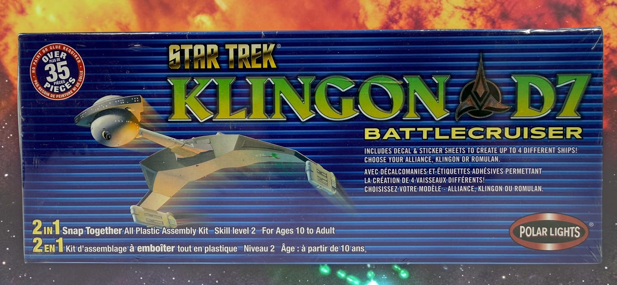 Factory sealed Polar Lights Star Trek Klingon D7 Battlecruiser model kit #4202. 1:1000 scale snap-together collectible with decals and over 35 pieces.