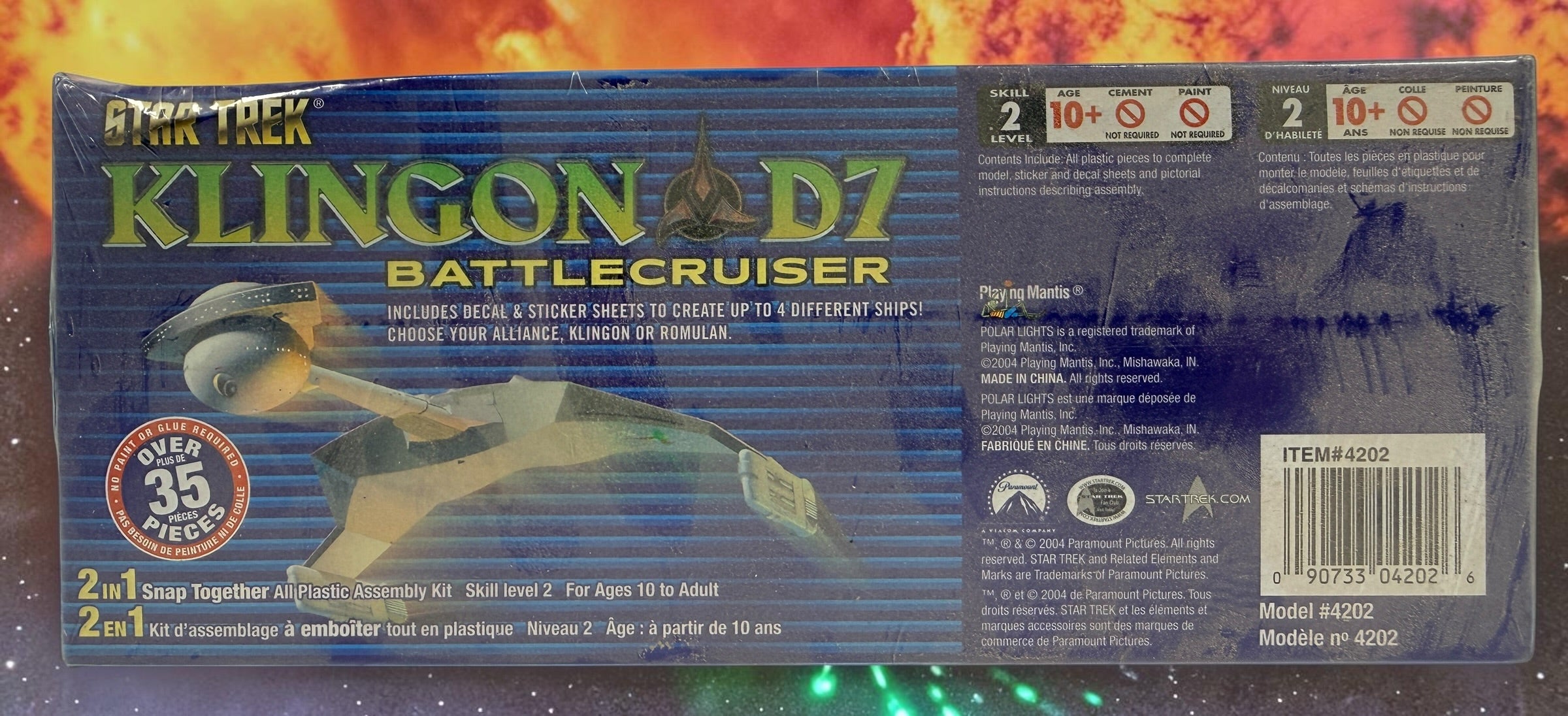 Factory sealed Polar Lights Star Trek Klingon D7 Battlecruiser model kit #4202. 1:1000 scale snap-together collectible with decals and over 35 pieces.