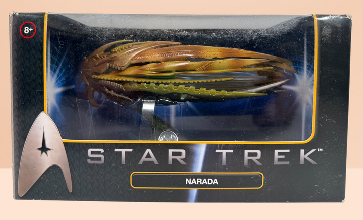 Hot Wheels Star Trek Narada die-cast collectible spaceship from the 2009 film with original display box and stand. Official Mattel sci-fi collectible for Star Trek fans.