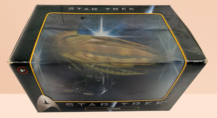Hot Wheels Star Trek Narada die-cast collectible spaceship from the 2009 film with original display box and stand. Official Mattel sci-fi collectible for Star Trek fans.