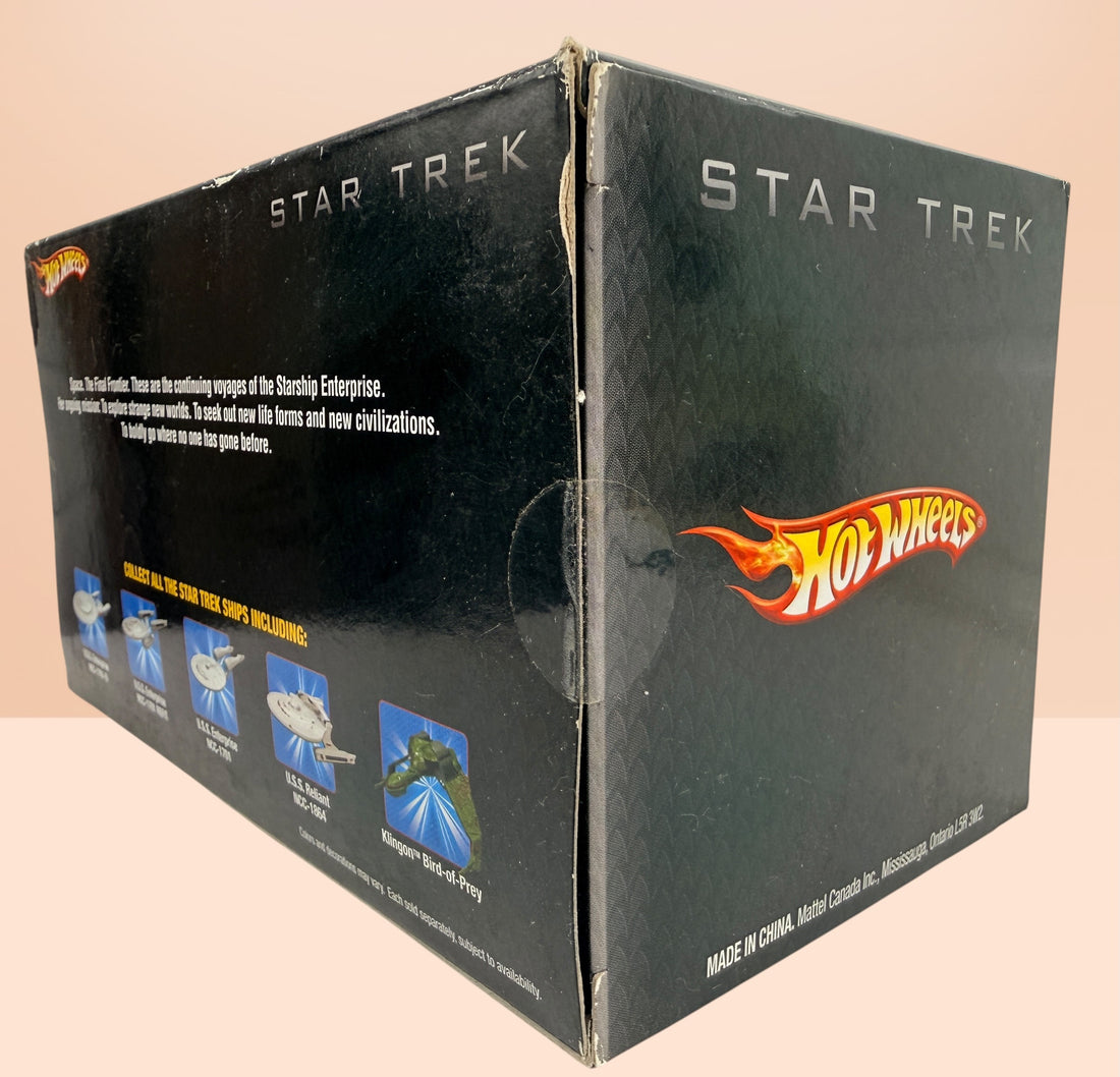 Hot Wheels Star Trek Narada die-cast collectible spaceship from the 2009 film with original display box and stand. Official Mattel sci-fi collectible for Star Trek fans.