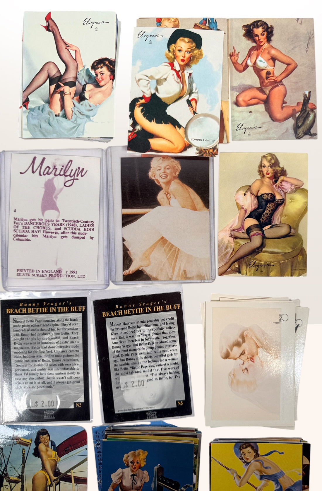 Large lot of 285+ vintage pin-up trading cards featuring Gil Elvgren, Bettie Page, Bunny Yeager, Marilyn Monroe and Comic Images collectible card sets.