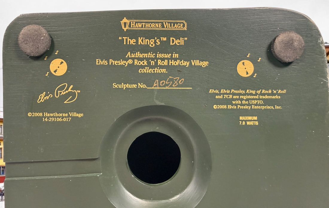 Official 2008 Hawthorne Village Elvis Presley Rock ‘n’ Roll Holiday Village “The King’s” Deli collectible. Great display piece. Bulb, wiring and light cord not included.