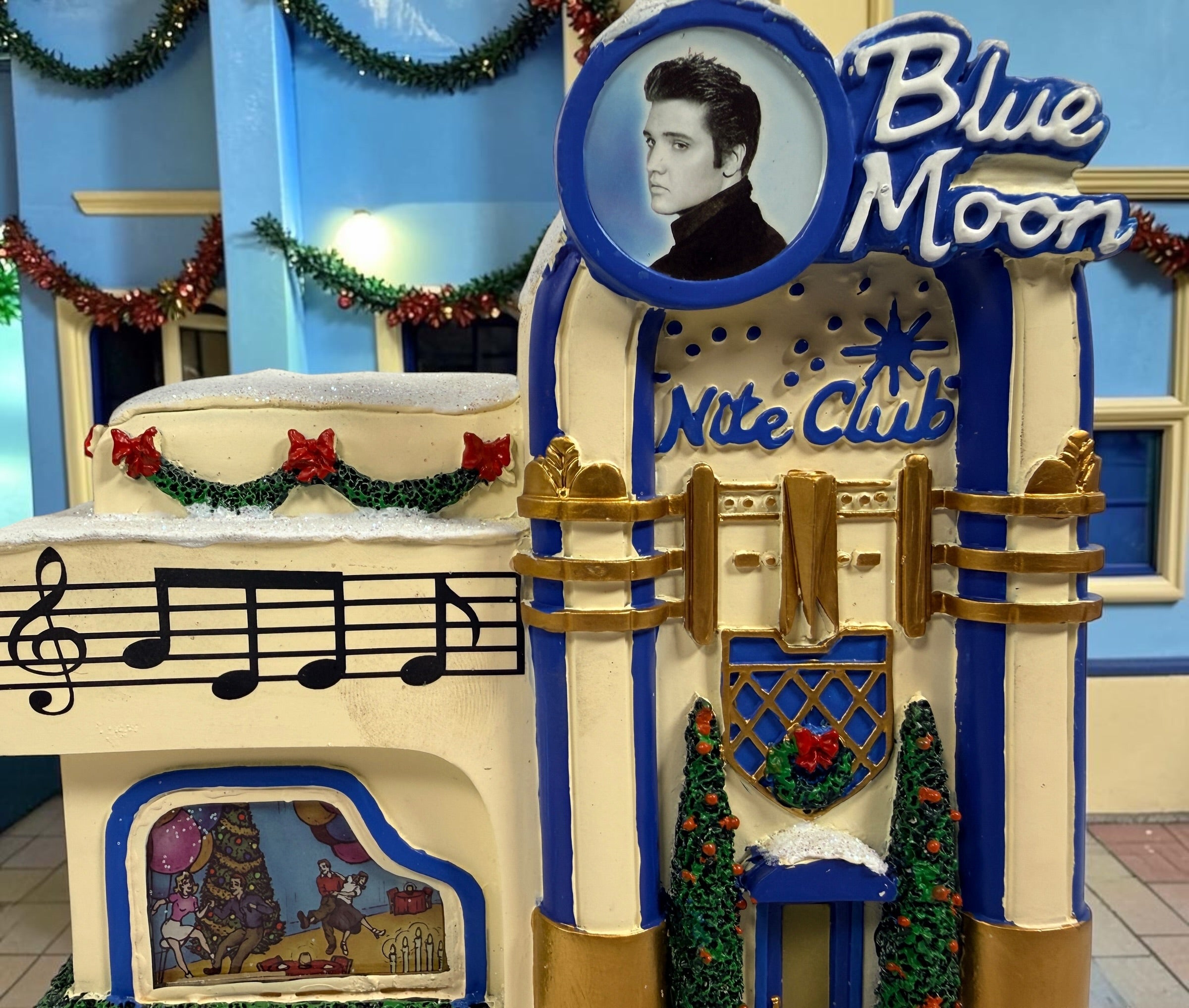 Retired 2007 Hawthorne Village Elvis Presley Blue Moon Nite Club from the Rock ‘n’ Roll Holiday Village collection. Light cord not included.
