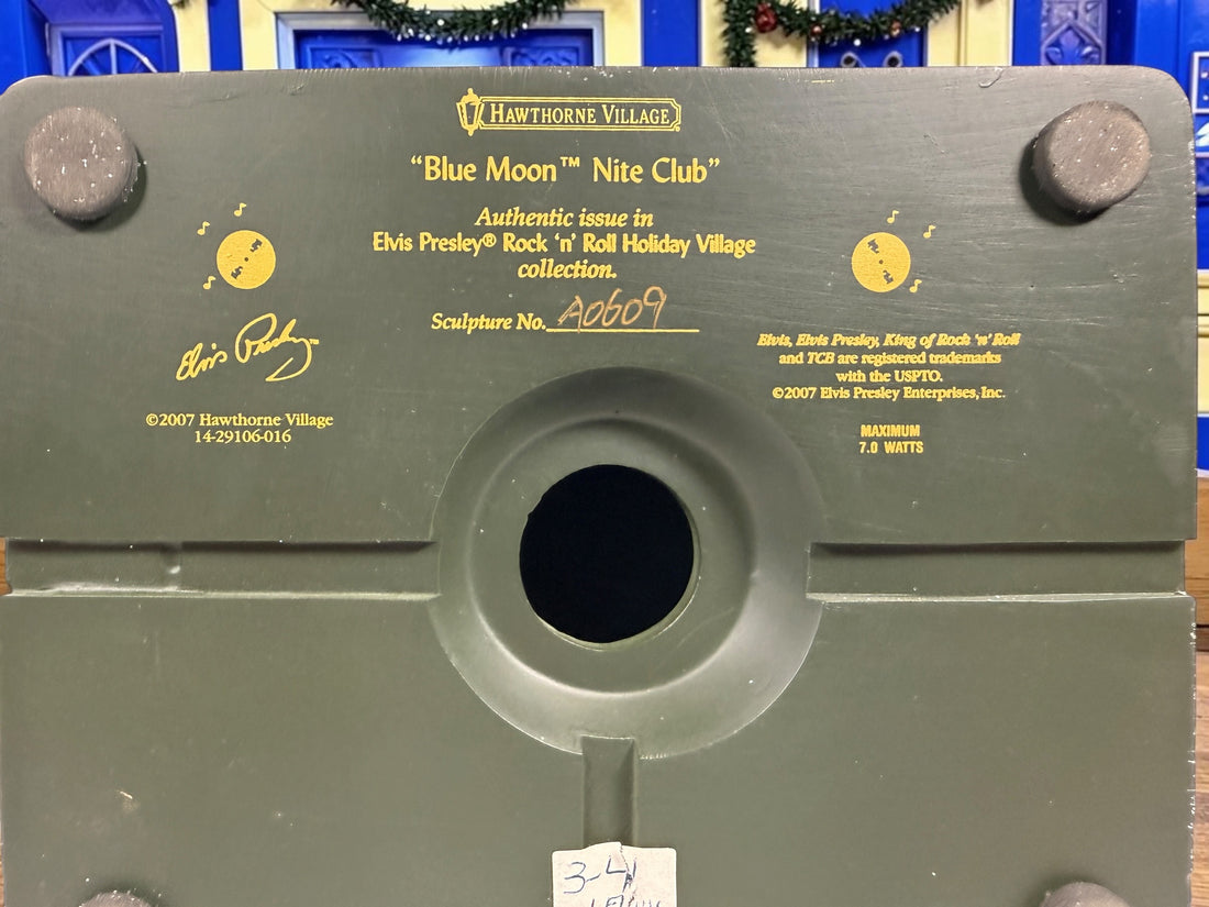 Retired 2007 Hawthorne Village Elvis Presley Blue Moon Nite Club from the Rock ‘n’ Roll Holiday Village collection. Light cord not included.