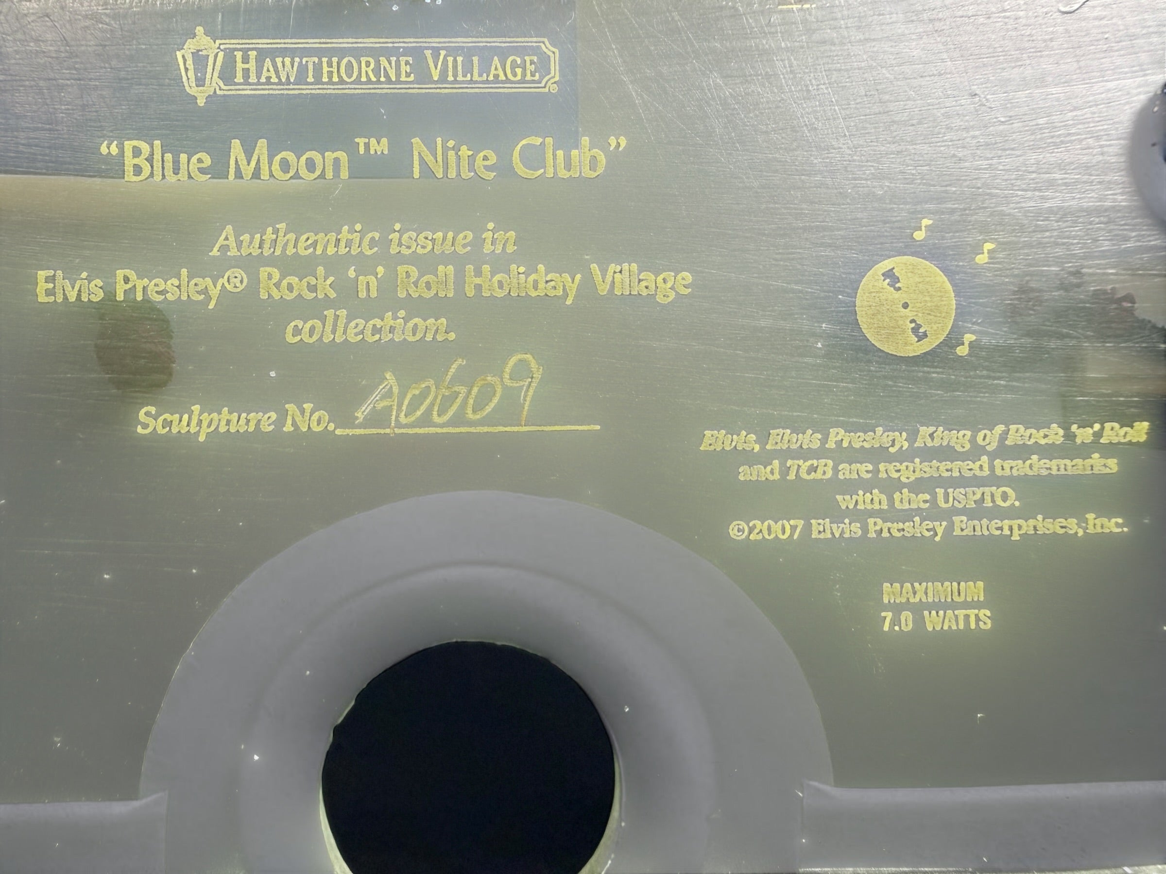 Retired 2007 Hawthorne Village Elvis Presley Blue Moon Nite Club from the Rock ‘n’ Roll Holiday Village collection. Light cord not included.