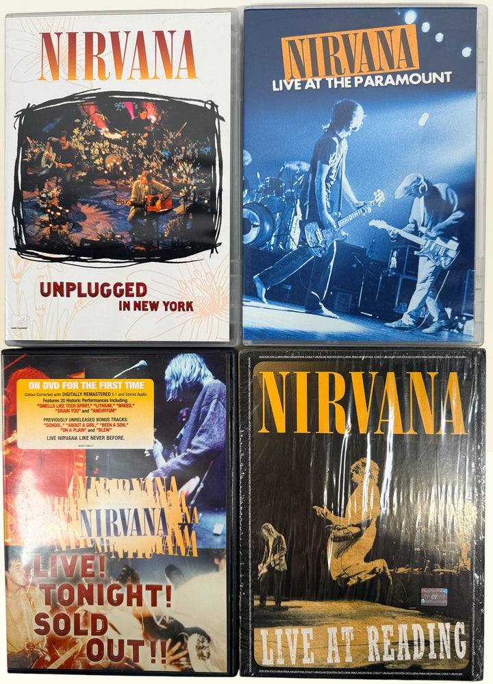 Official Nirvana DVD collection featuring MTV Unplugged, Live at the Paramount, Live! Tonight! Sold Out!!, and factory-sealed Live at Reading.