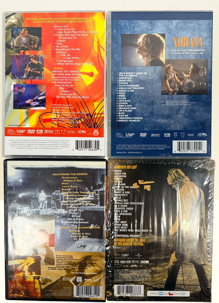 Official Nirvana DVD collection featuring MTV Unplugged, Live at the Paramount, Live! Tonight! Sold Out!!, and factory-sealed Live at Reading.
