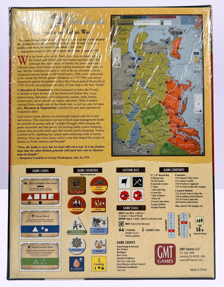Factory sealed GMT Games Bayonets &amp; Tomahawks board game covering the French &amp; Indian War. Historical strategy wargame by Marc Rodrigue, new in shrink.