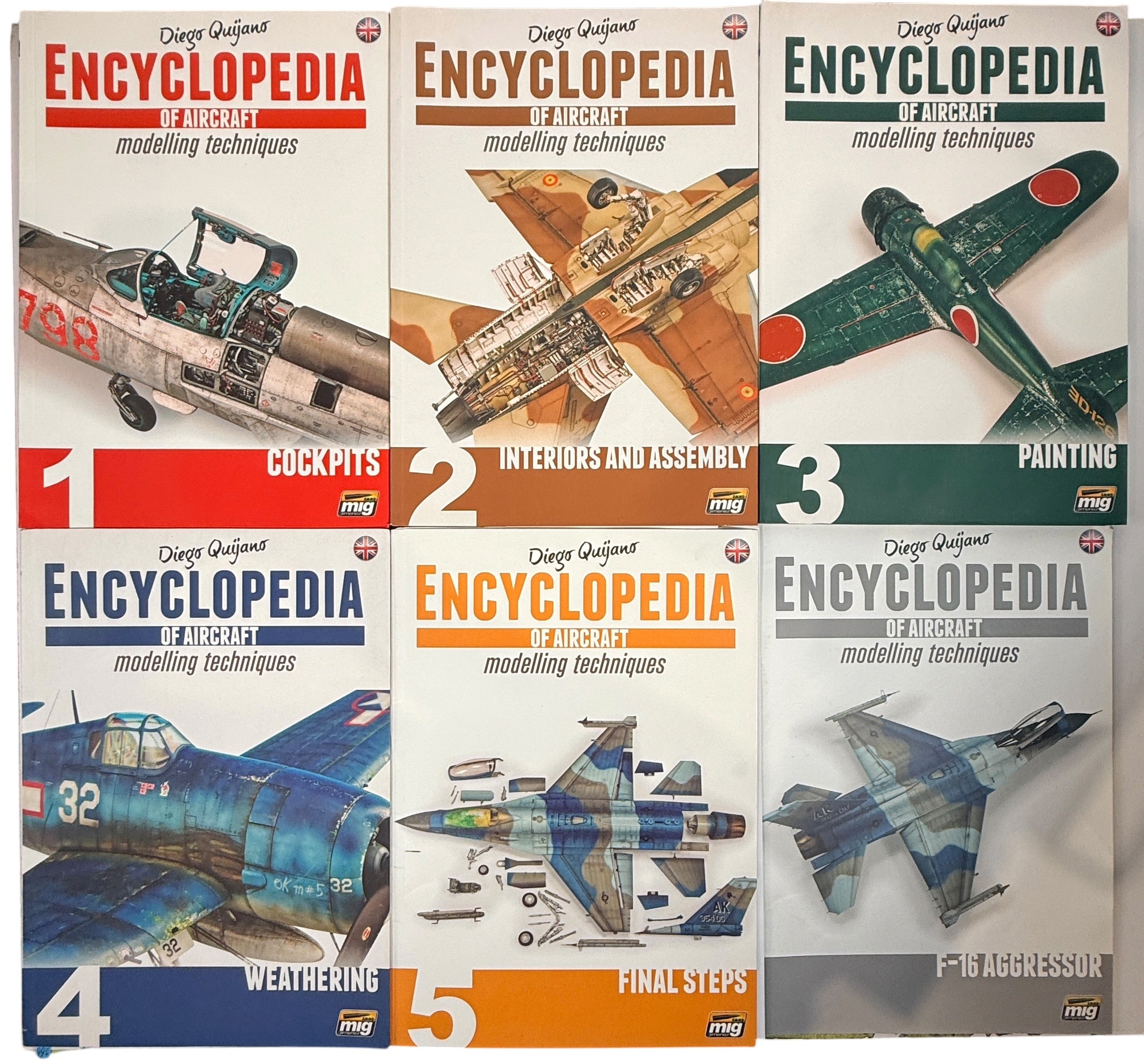 Complete 6-volume Encyclopedia of Aircraft Modelling Techniques by Diego Quijano. AMMO of Mig Jimenez aircraft modelling reference book set, printed in Spain.
