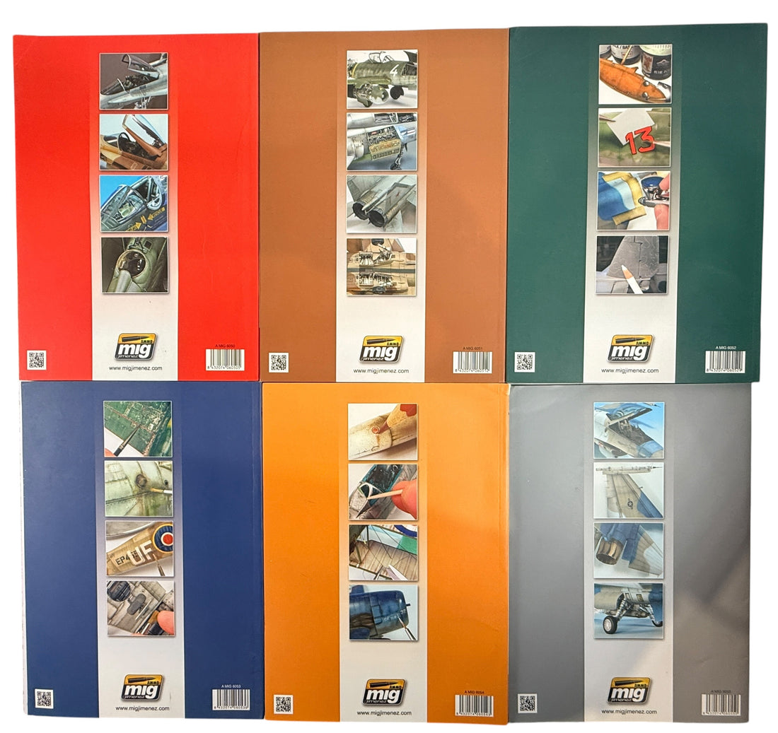 Complete 6-volume Encyclopedia of Aircraft Modelling Techniques by Diego Quijano. AMMO of Mig Jimenez aircraft modelling reference book set, printed in Spain.