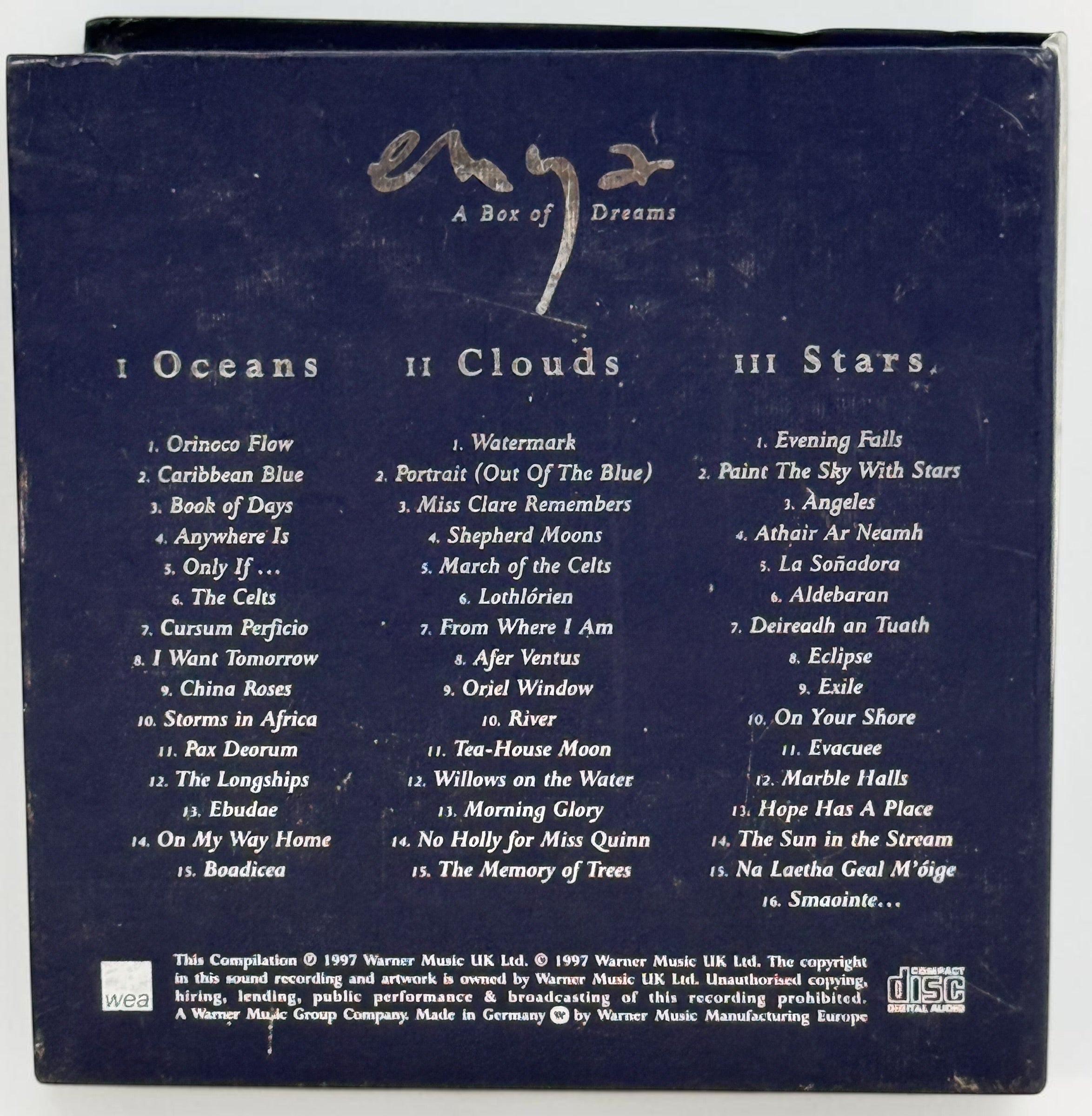 Complete 1997 Enya A Box of Dreams deluxe 3-CD box set with Oceans, Clouds, Stars, original booklet, and presentation box. Made in Germany.
