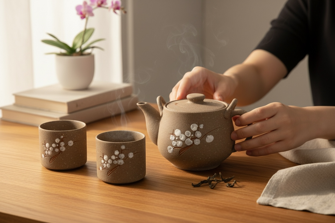 UTSUWA Japan stoneware tea set with plum blossom design, boxed with teapot and six cups. Excellent condition. Great Japanese ceramic gift set.