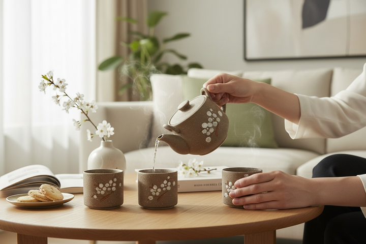 UTSUWA Japan stoneware tea set with plum blossom design, boxed with teapot and six cups. Excellent condition. Great Japanese ceramic gift set.
