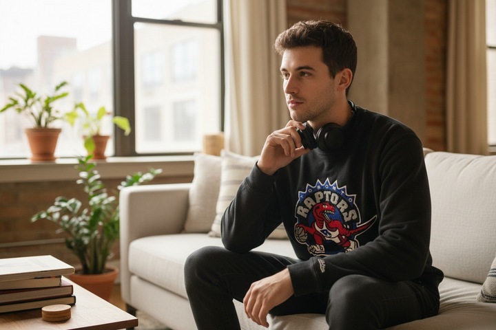 Vintage-style Toronto Raptors crewneck by Mitchell &amp; Ness with classic dinosaur logo. Clean, bold graphic. Great condition. Ships fast from Montreal.