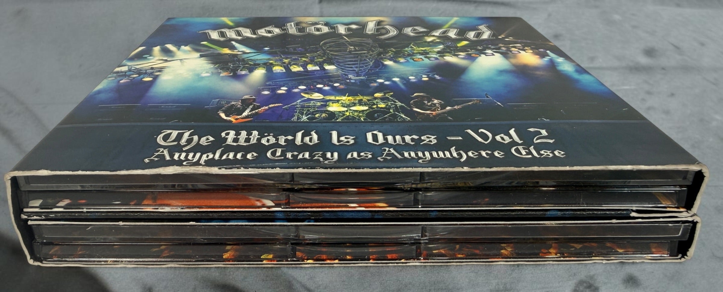 Complete Motörhead The World Is Ours Vol. 2 deluxe 4-disc box set with 2 CDs, DVD and Blu-ray. Live performances from Wacken, Sonisphere and Rock in Rio.