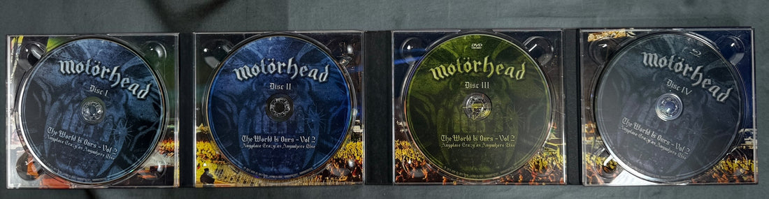 Complete Motörhead The World Is Ours Vol. 2 deluxe 4-disc box set with 2 CDs, DVD and Blu-ray. Live performances from Wacken, Sonisphere and Rock in Rio.