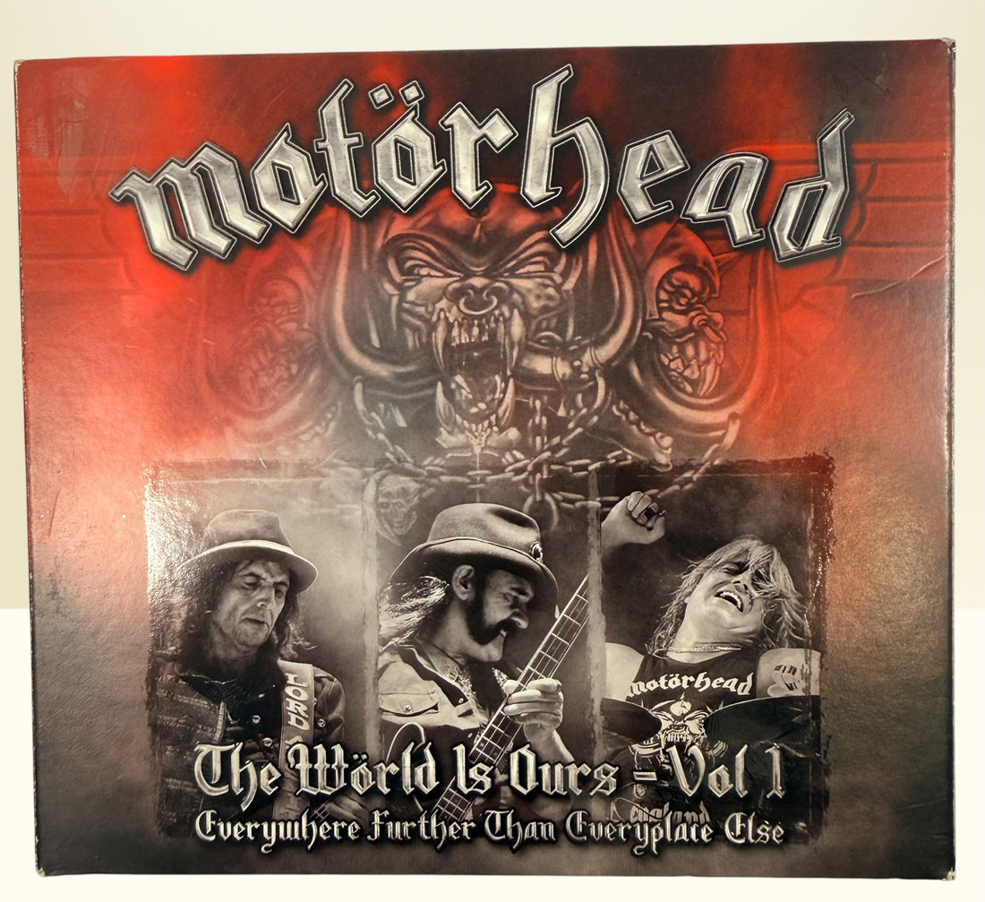 Complete Motörhead The World Is Ours Vol. 1 deluxe 3-disc live set with DVD and 2 audio CDs. Features Lemmy, Ace of Spades, Overkill, and bonus interviews.