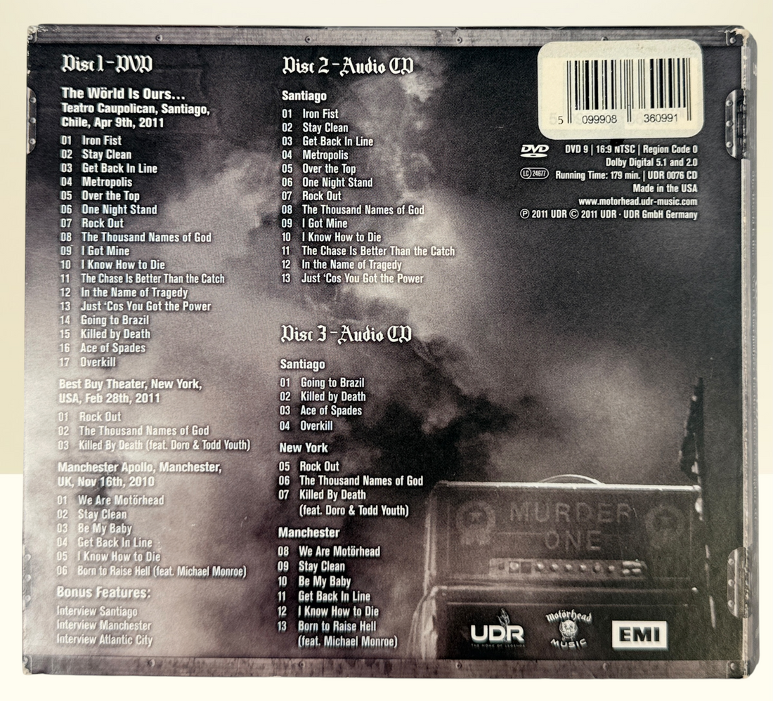 Complete Motörhead The World Is Ours Vol. 1 deluxe 3-disc live set with DVD and 2 audio CDs. Features Lemmy, Ace of Spades, Overkill, and bonus interviews.