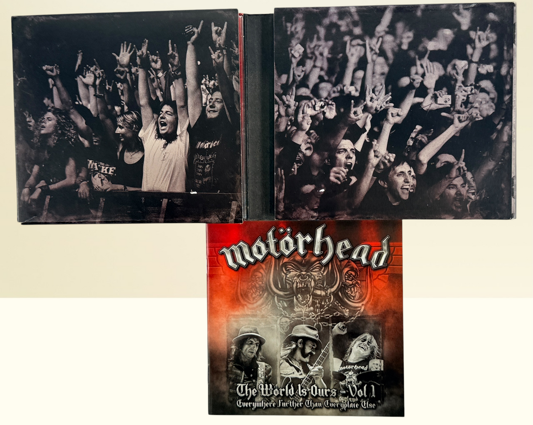 Complete Motörhead The World Is Ours Vol. 1 deluxe 3-disc live set with DVD and 2 audio CDs. Features Lemmy, Ace of Spades, Overkill, and bonus interviews.