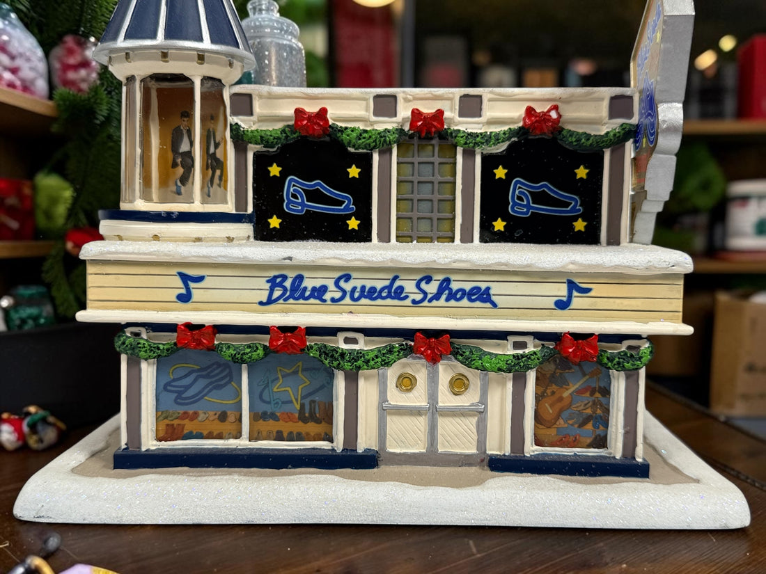 Retired 2004 Hawthorne Village Elvis Presley Blue Suede Shoes Store from the Rock ‘n’ Roll Holiday Village collection. Great collectible display piece.