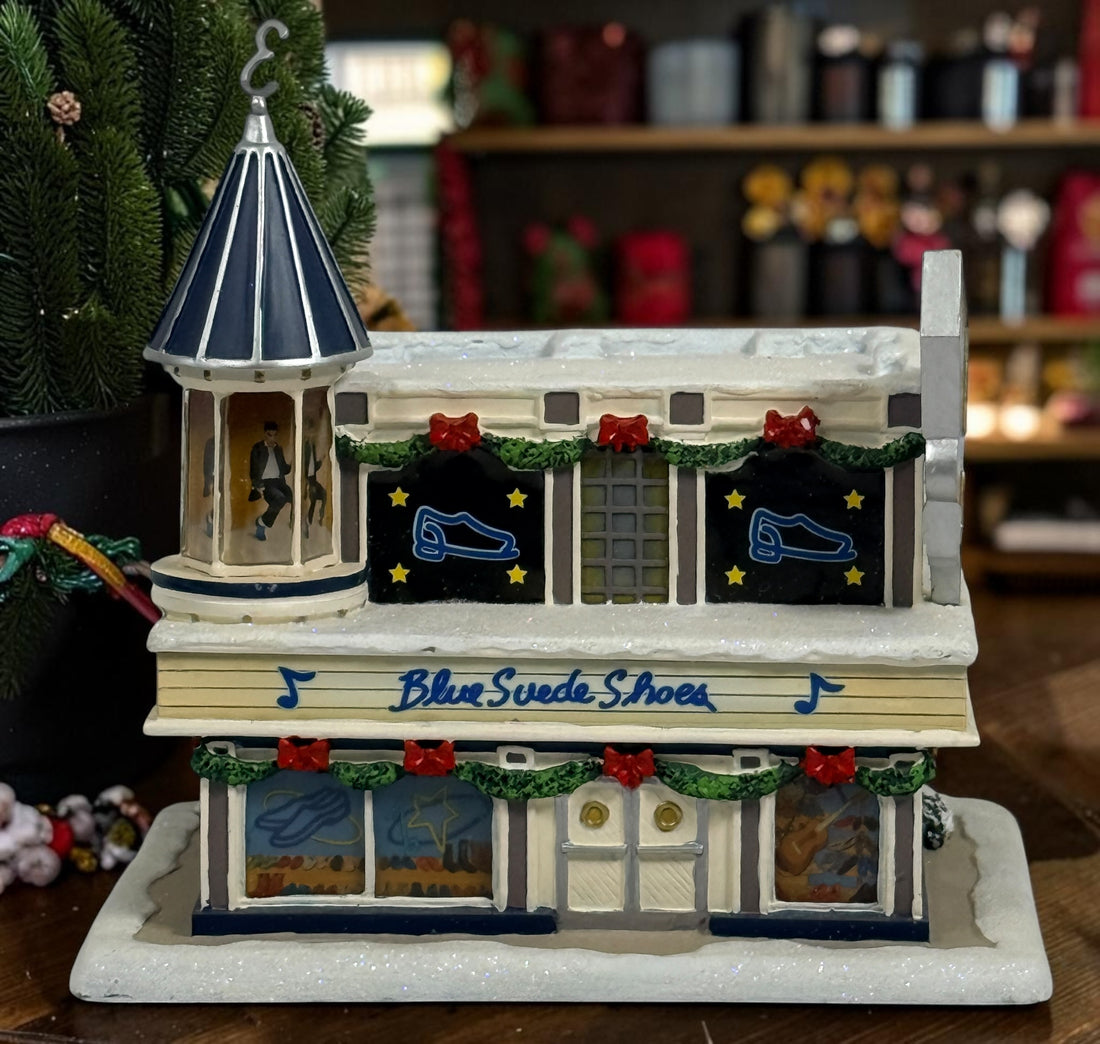 Retired 2004 Hawthorne Village Elvis Presley Blue Suede Shoes Store from the Rock ‘n’ Roll Holiday Village collection. Great collectible display piece.