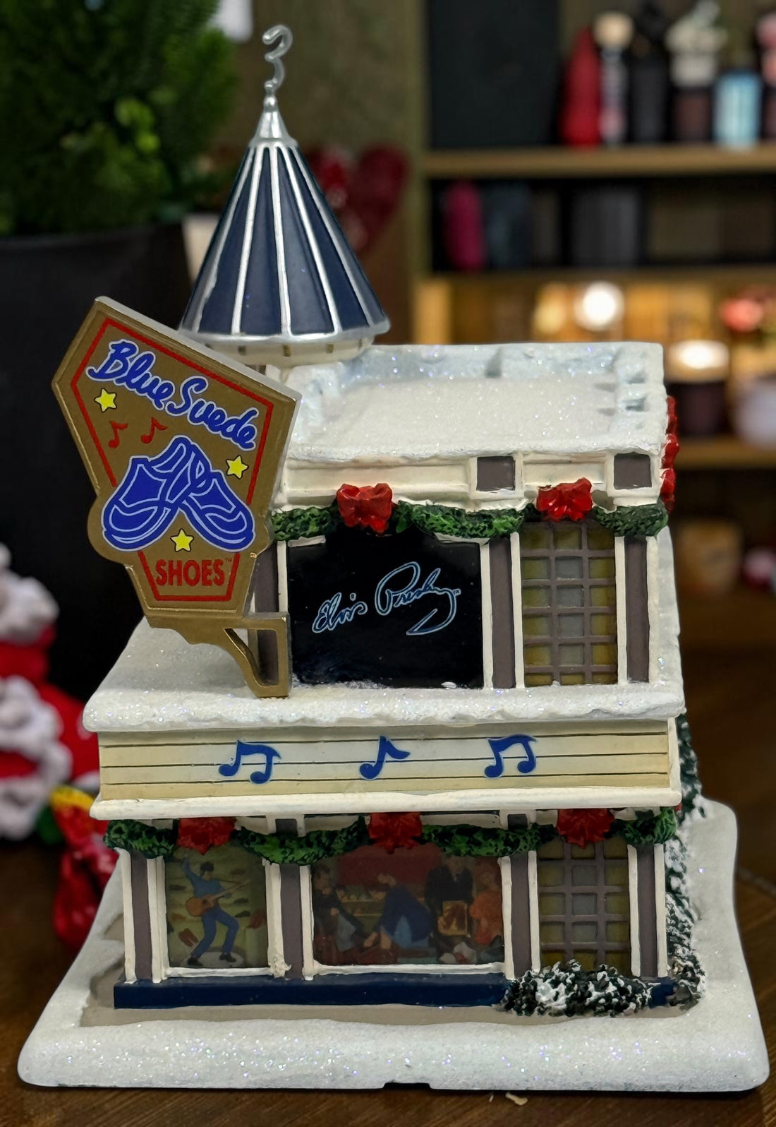 Retired 2004 Hawthorne Village Elvis Presley Blue Suede Shoes Store from the Rock ‘n’ Roll Holiday Village collection. Great collectible display piece.