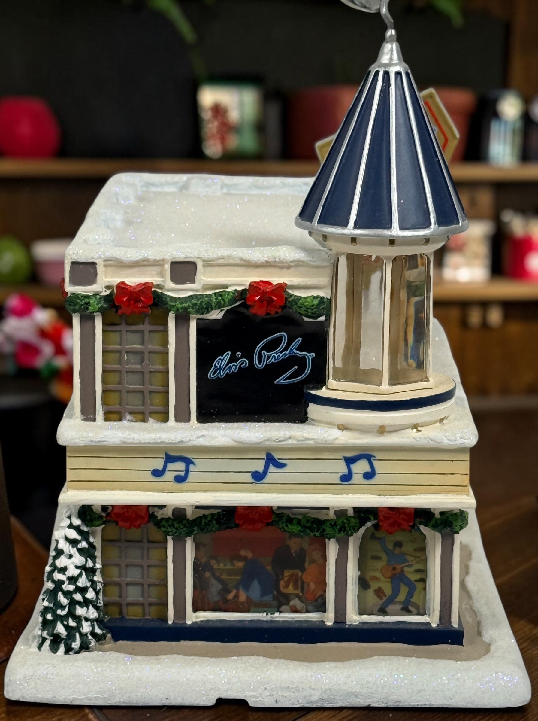 Retired 2004 Hawthorne Village Elvis Presley Blue Suede Shoes Store from the Rock ‘n’ Roll Holiday Village collection. Great collectible display piece.